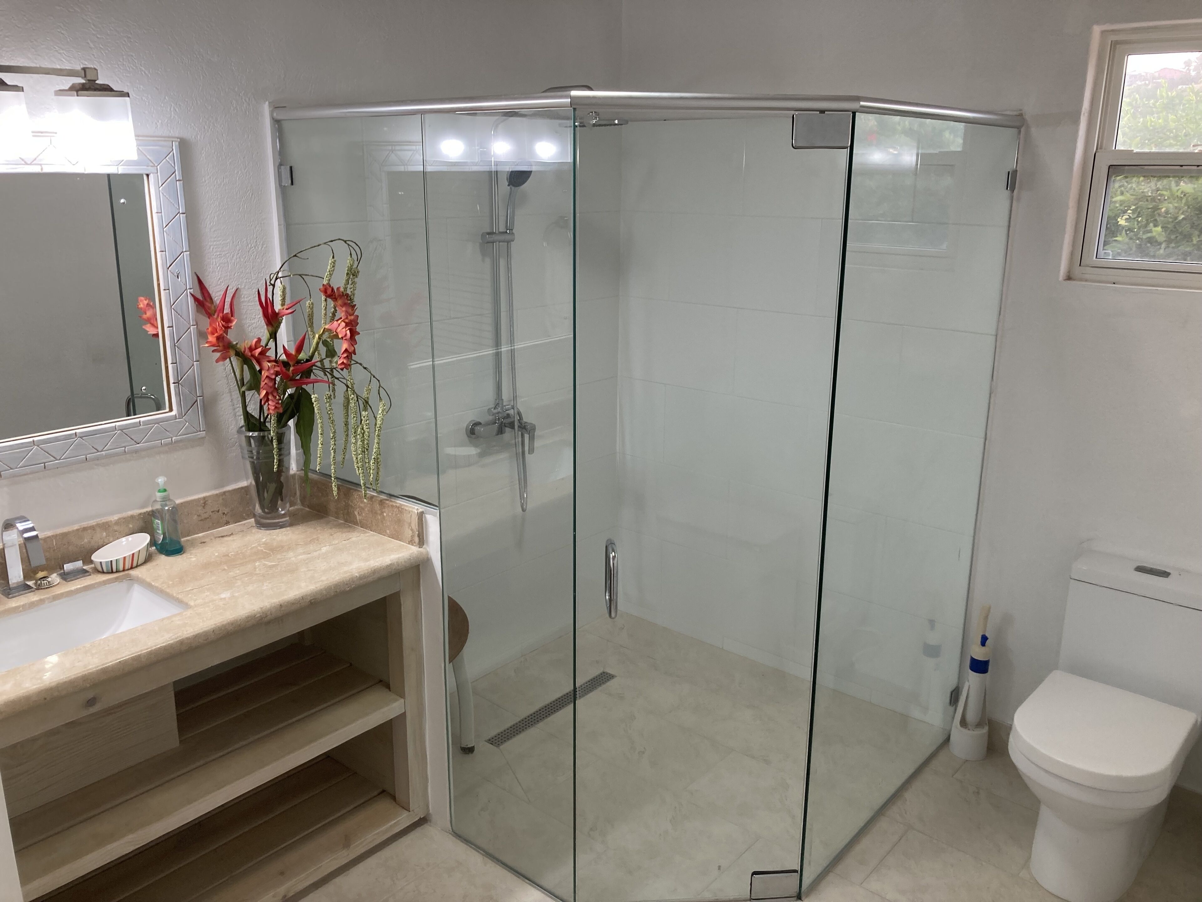 A modern bathroom with a glass-enclosed shower, a sink with a mirror, and a toilet.