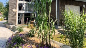 Un edificio moderno de varios pisos, con balcones y un jardín ajardinado con flores moradas.