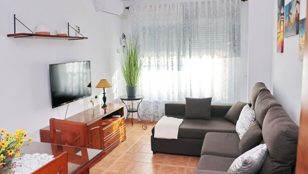 A modern living room with a flat-screen TV, a sofa, a dining table with chairs, a potted plant, and a window with sheer curtains.