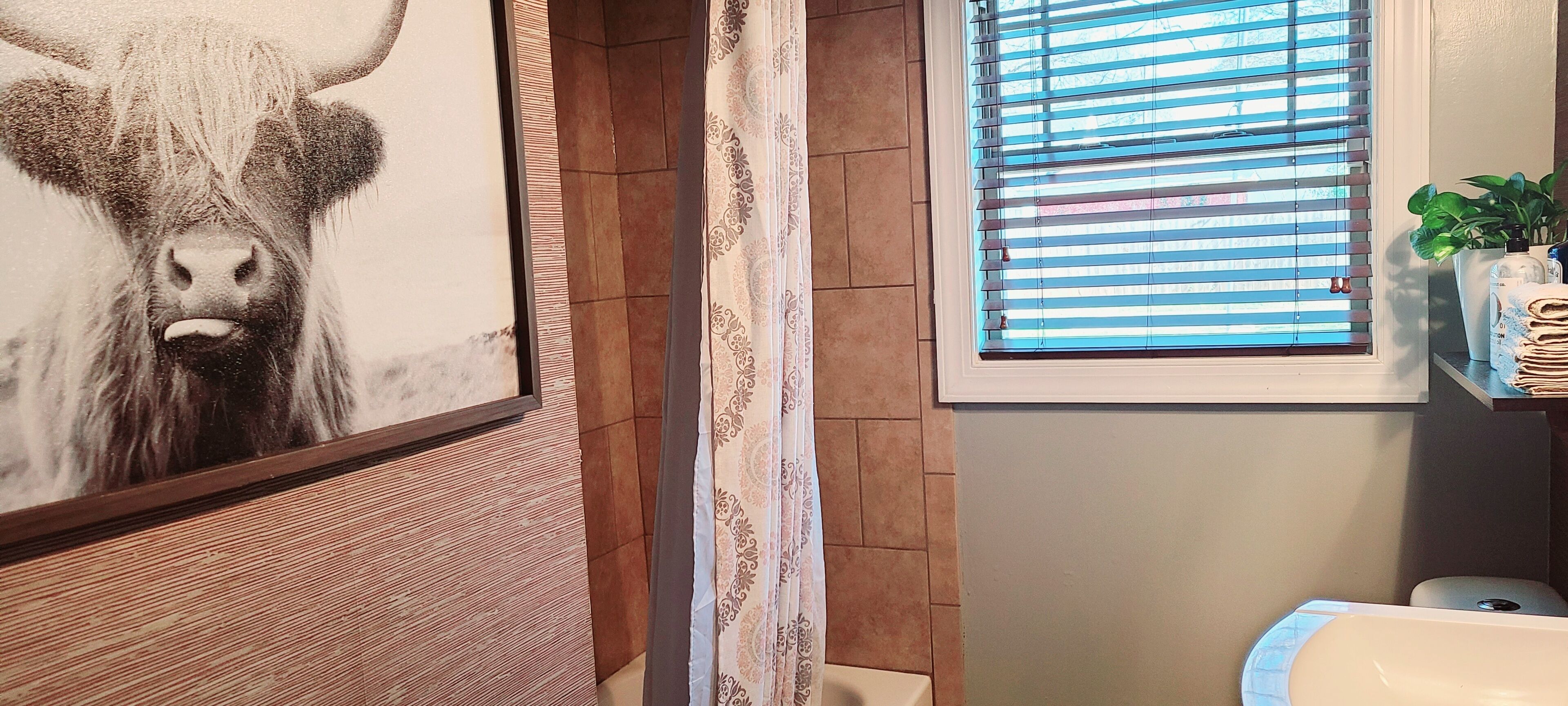 A bathroom with a large framed artwork of a cow, a window with blinds, and a sink with a towel dispenser.