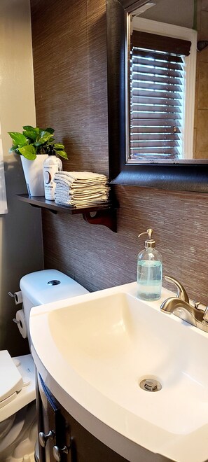 Combined shower/tub, hair dryer, towels, soap