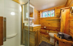 Combined shower/tub, hair dryer, towels