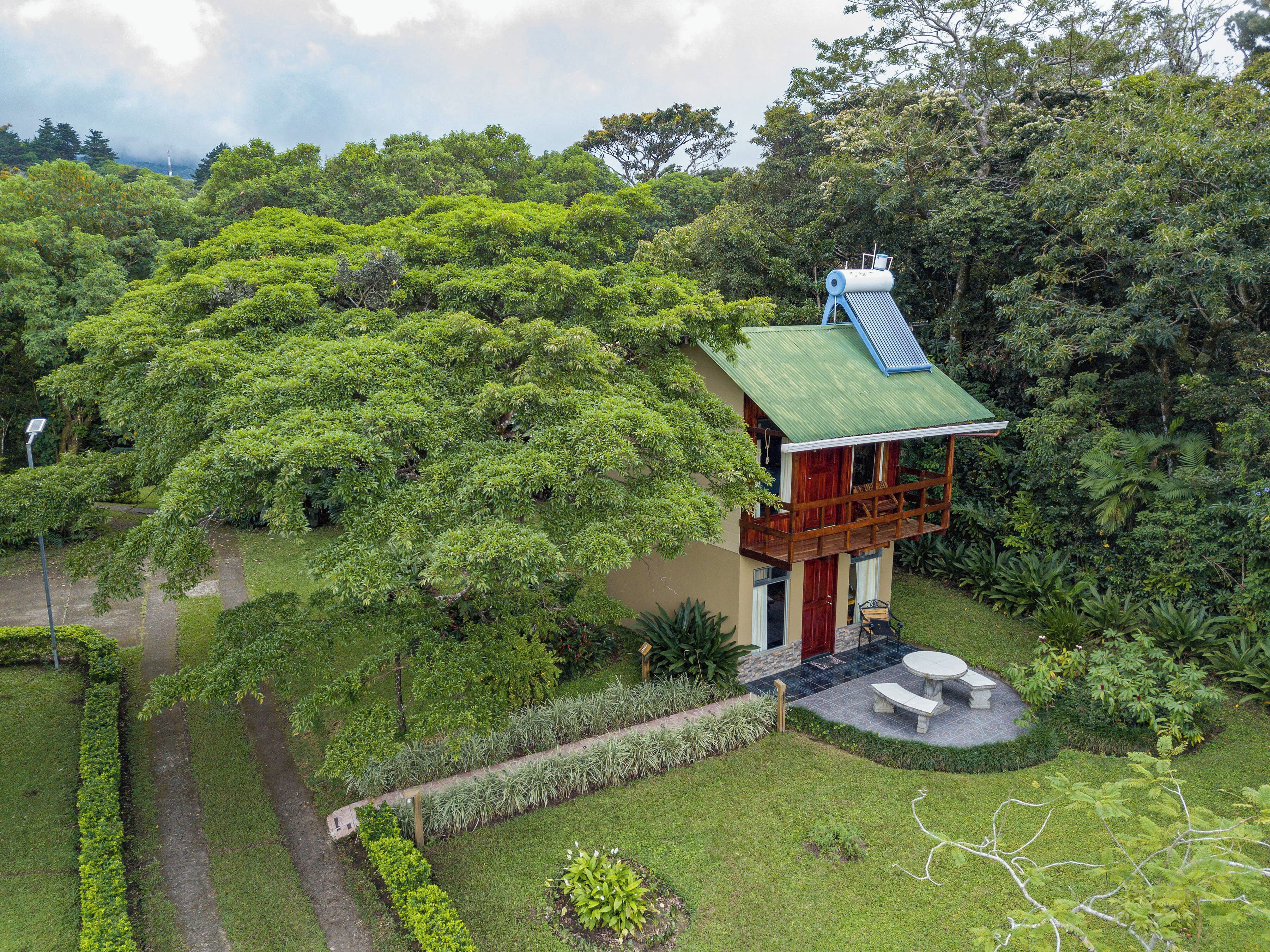 A two-story wooden house with a green roof, surrounded by lush greenery and a garden with a bench and a small table.