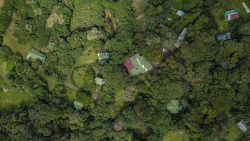 Vista aérea de una zona rural con varias construcciones pequeñas, incluyendo casas y un granero, rodeadas de un bosque denso.