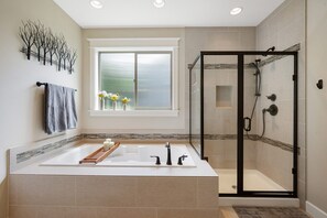 Combined shower/tub, hair dryer, towels, soap