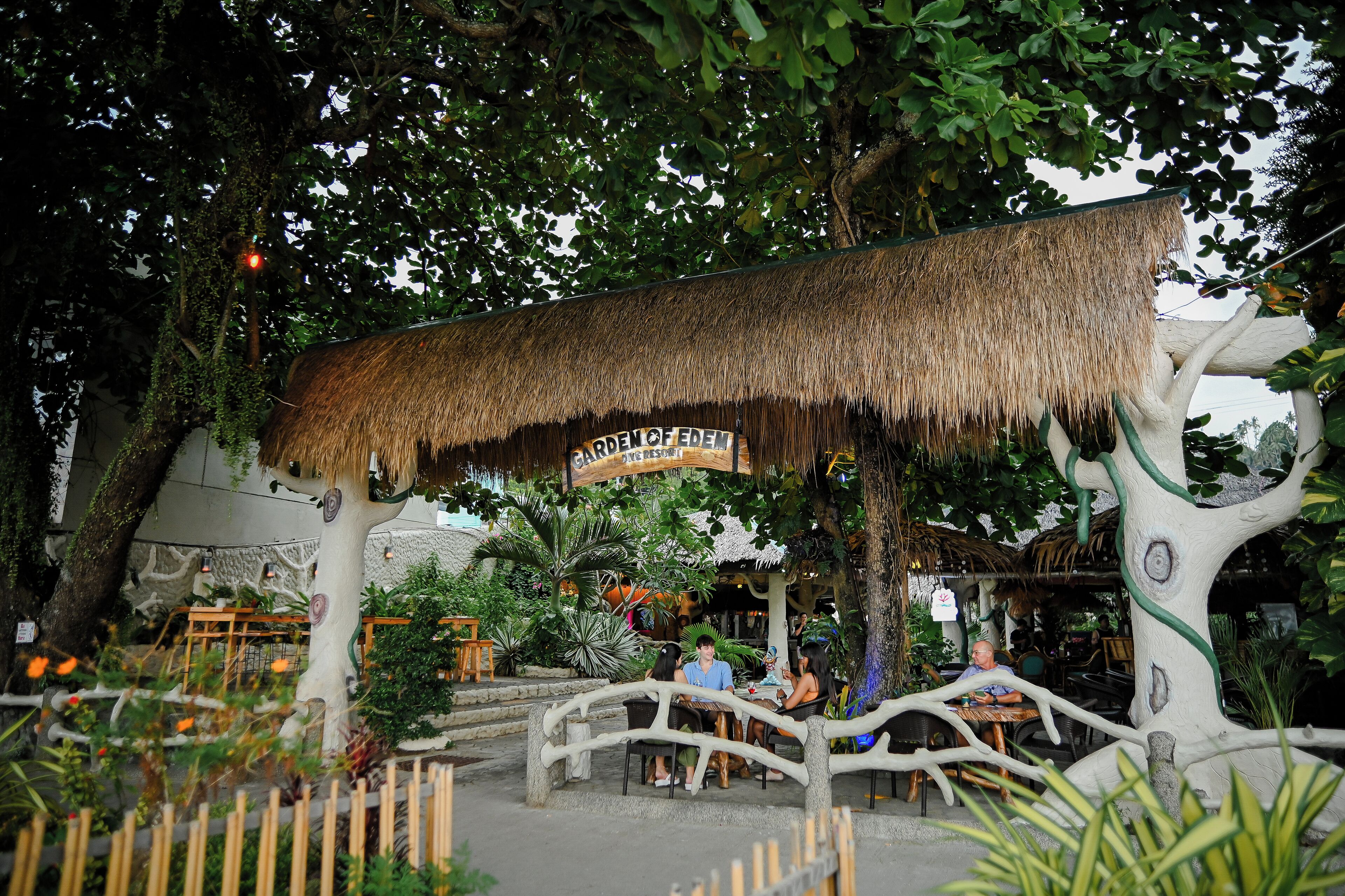 A rustic outdoor seating area with a thatched roof, surrounded by trees and plants.