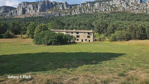 Ein Steinhaus mit Ziegeldach, umgeben von einer grünen Wiese und einem bewaldeten Berg im Hintergrund.