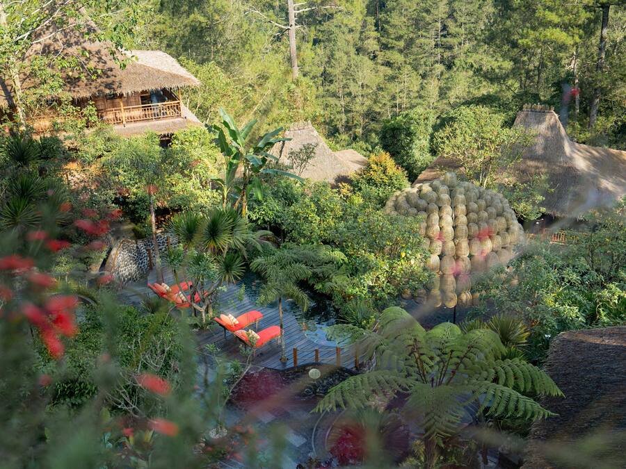 A lush garden with a thatched-roof building, a pond, and a variety of tropical plants.