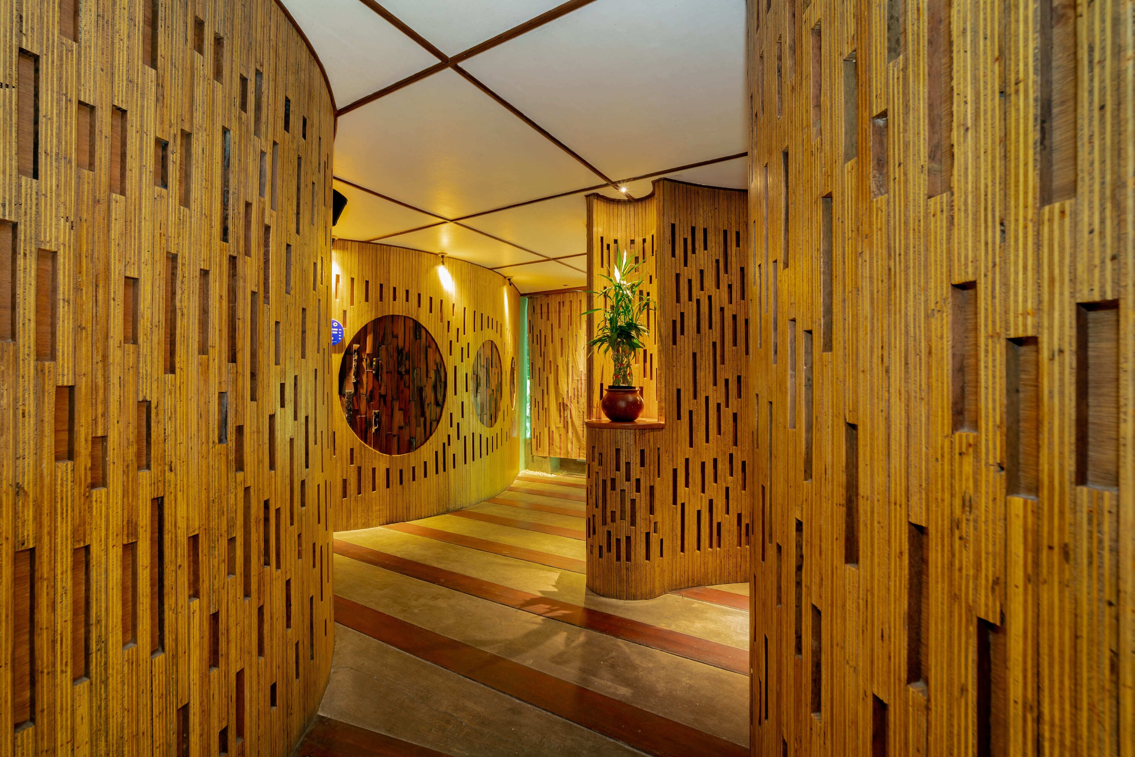 A hallway with wooden paneling and a potted plant.