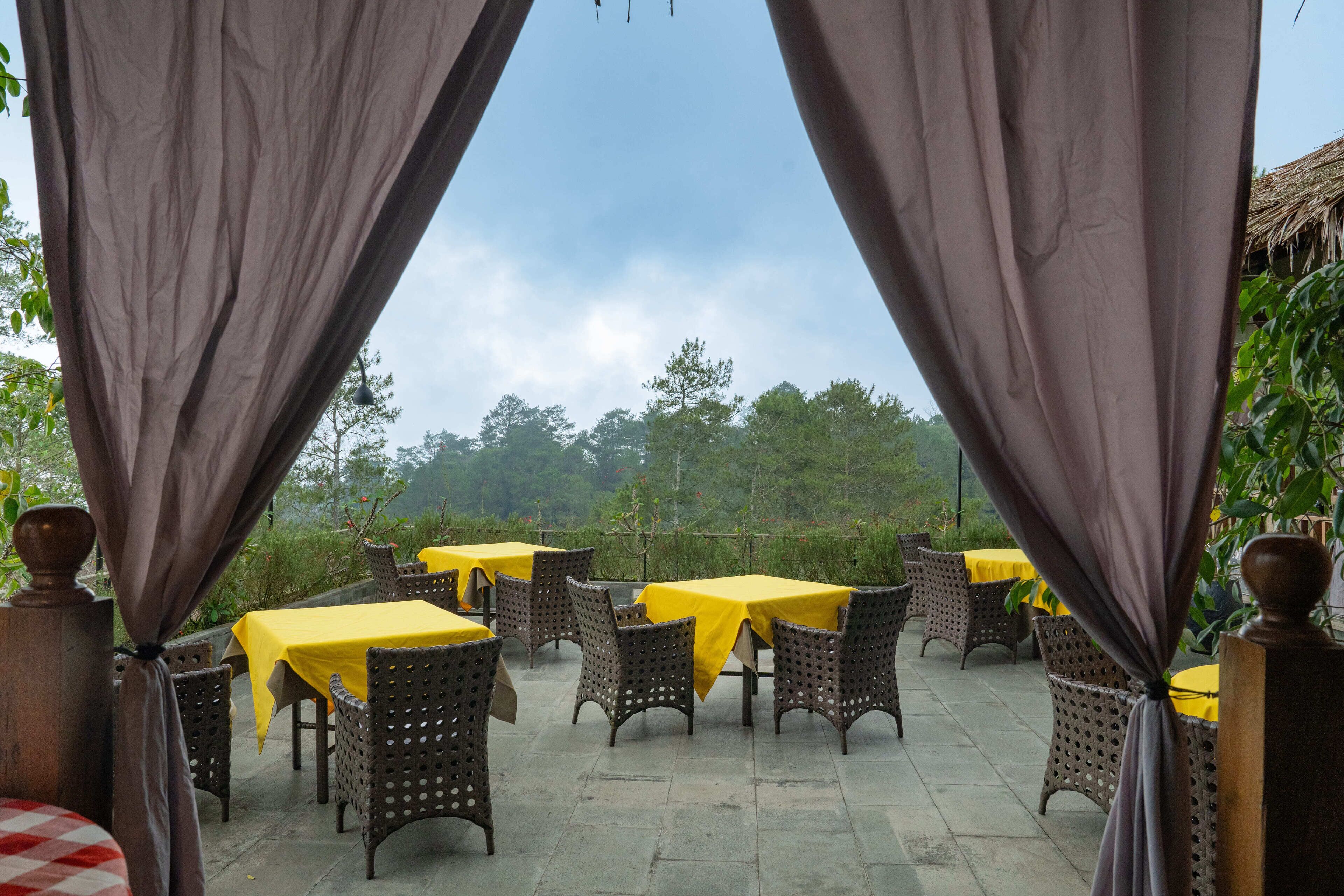 An outdoor dining area with tables and wicker chairs, covered by curtains, and a view of trees and sky.