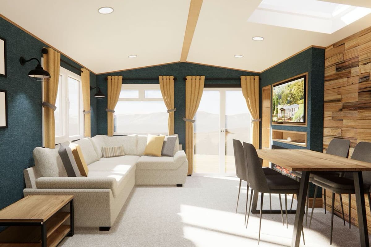 A modern living room with a sectional sofa, a dining table with chairs, and a large window with curtains.