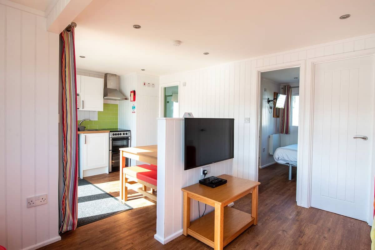 A compact living space with a kitchenette, a dining area, a TV on a wooden stand, and a bedroom with a bed and a window.