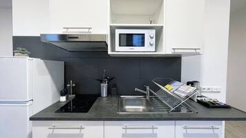 Full-sized fridge, microwave, electric kettle, toaster