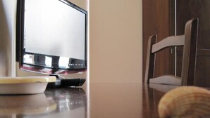 A wooden table with a laptop, a plate, and a seashell.