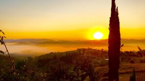 A sunrise over a hilly landscape with a clear view of the sun, a prominent tree, and distant buildings. - Casa Maravilla 6 in Castelnuovo Berardenga (Castelnuovo Berardenga)
