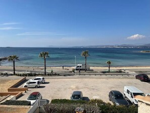 A parking lot with several cars and a white van, overlooking a beach with palm trees and a clear blue sky.