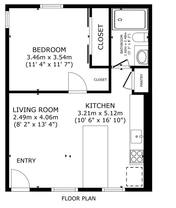 A floor plan of a hotel room with a bedroom, living room, kitchen, and entry. - Bayview Inn #101 · Heated Pool · Bridge St (Bradenton Beach)