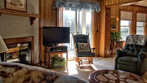 Een woonkamer met een open haard, televisie en twee stoelen.