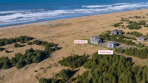 An aerial view of a coastal area with a large house labeled 'Knole House' and a smaller structure labeled 'Knole Guest'. - PICKLEBALL! Two hot tubs, ocean views, 2 Homes, 8 Bedrooms, RecRooms (K&KGst) (Long Beach)