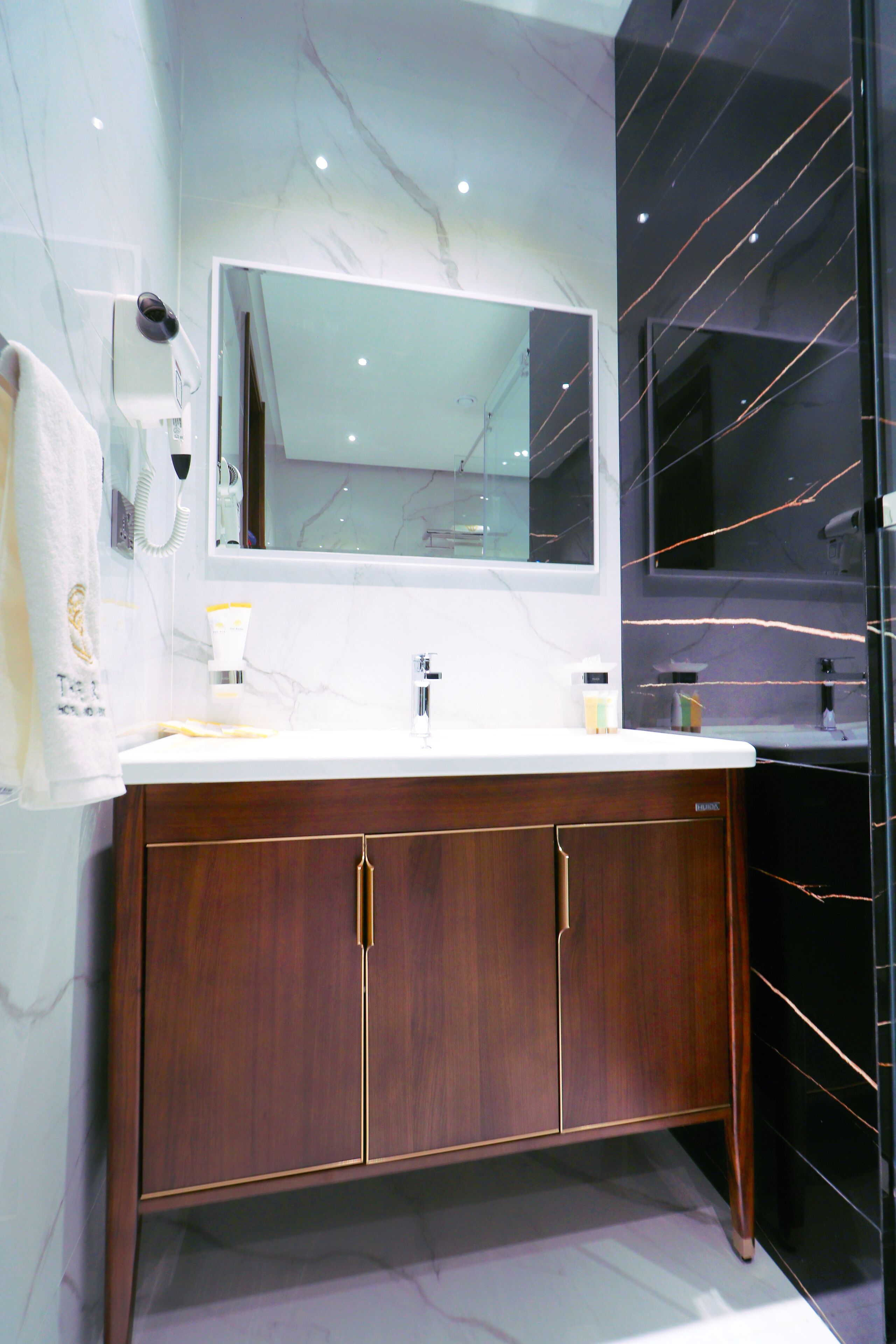 shower, slippers, towels