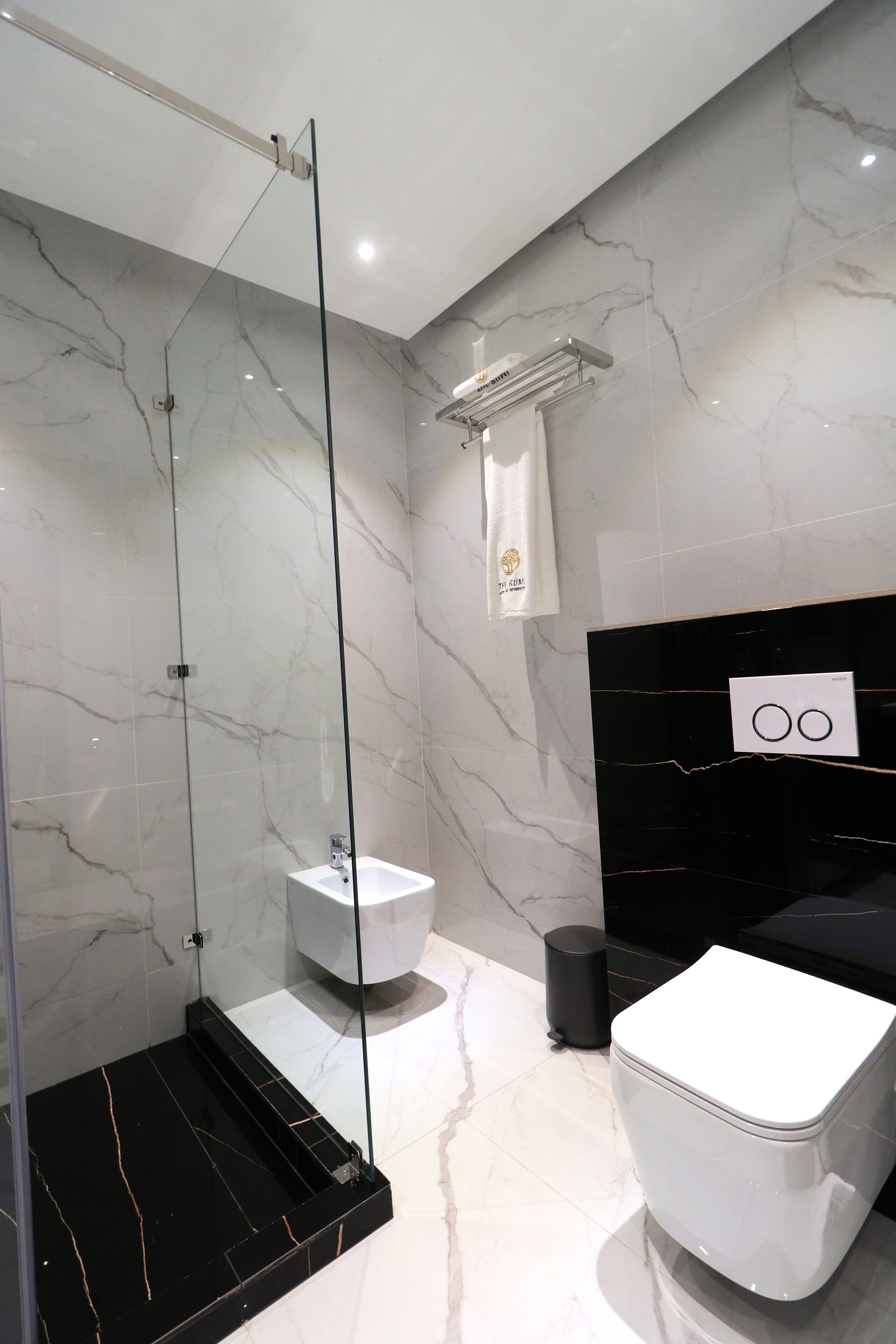 shower, slippers, towels