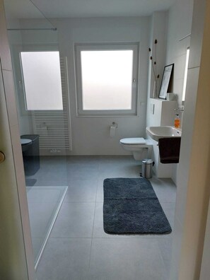 Dusche, Haartrockner, Handtücher, Toilettenpapier