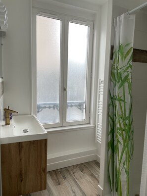 Shower, hair dryer, towels, soap