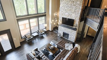 Smart TV, fireplace, foosball