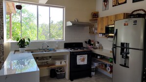 A modern kitchen with a gas stove, stainless steel refrigerator, and a window providing a view of greenery outside.