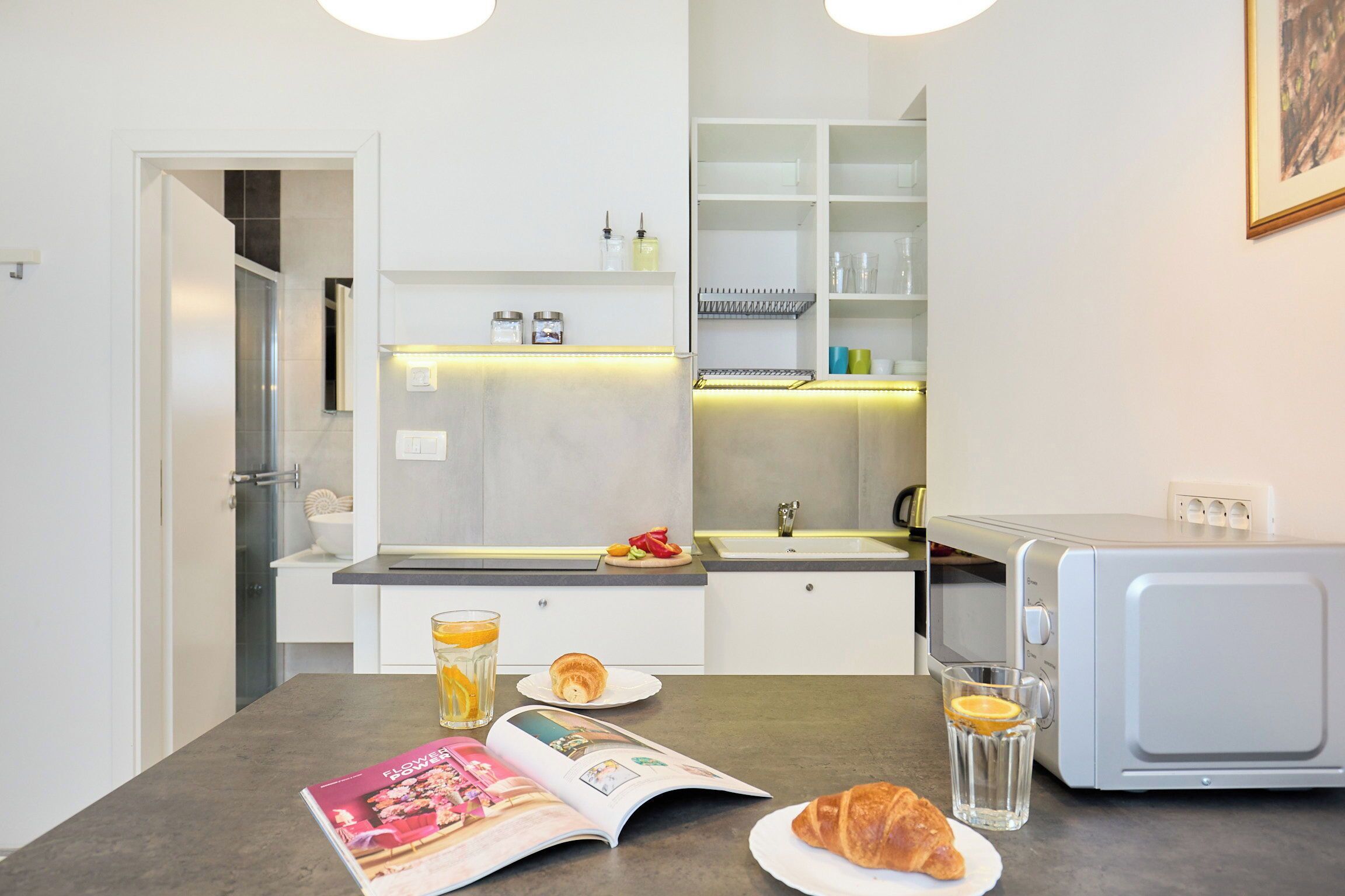 Réfrigérateur, micro-ondes, plaque de cuisson, cafetière/bouilloire