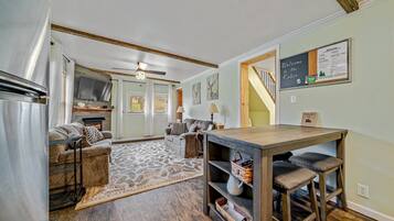 Smart TV, fireplace, books