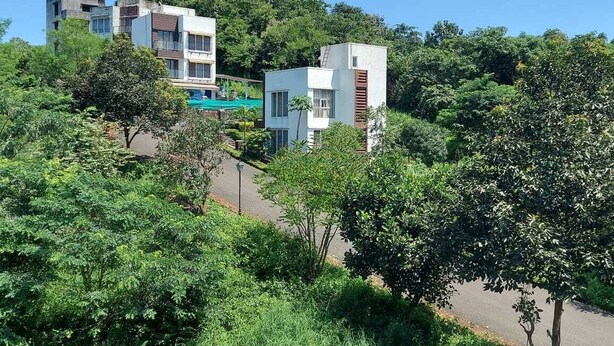 A modern building with multiple floors, surrounded by lush greenery and trees.