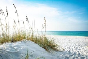 On the beach, sun loungers