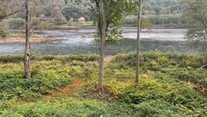 Eine natürliche Landschaft mit einem Fluss, Bäumen und einer hügeligen Kulisse.