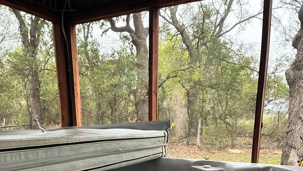 A hot tub with a view of trees through large windows. - Rural western cabin- HOT TUB-POOL just 5 mins from exciting Stephenville! (Stephenville)