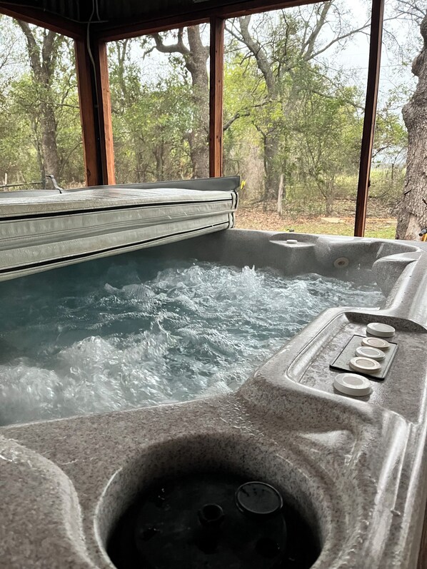 A hot tub with a view of trees through large windows.