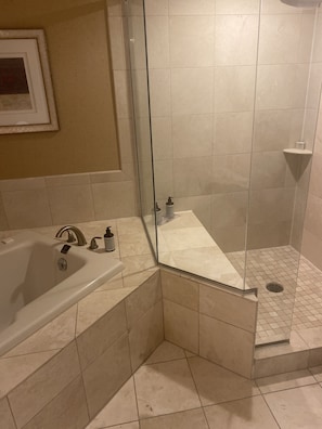 Bathroom features a corner shower with a glass door and a separate bathtub with a handheld showerhead.