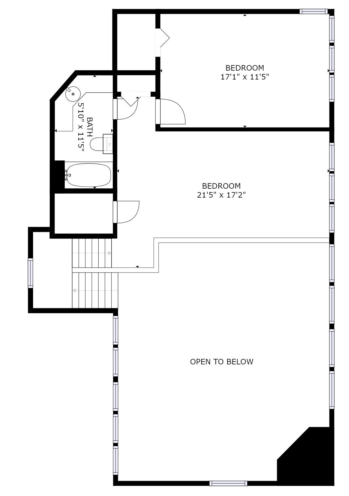A floor plan with two bedrooms measuring 17'1" x 11'5" and 21'5" x 17'2", a bathroom, and an open space labeled "OPEN TO BELOW".