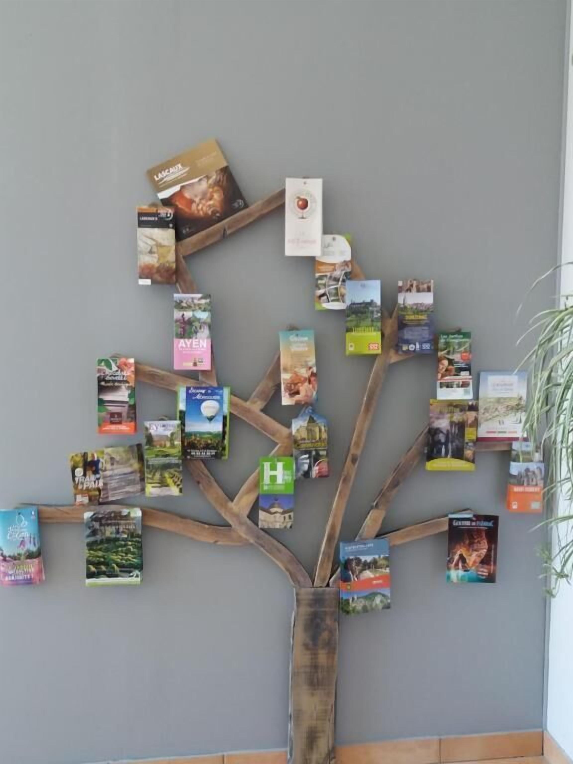 Una pared con una estructura de madera que evoca a un árbol, decorada con folletos y guías de viaje.