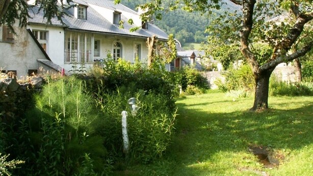 A traditional house with a stone foundation, surrounded by lush greenery and a large tree. - Magnificent and large 18th century house, in a mountain village (Luz-Saint-Sauveur)