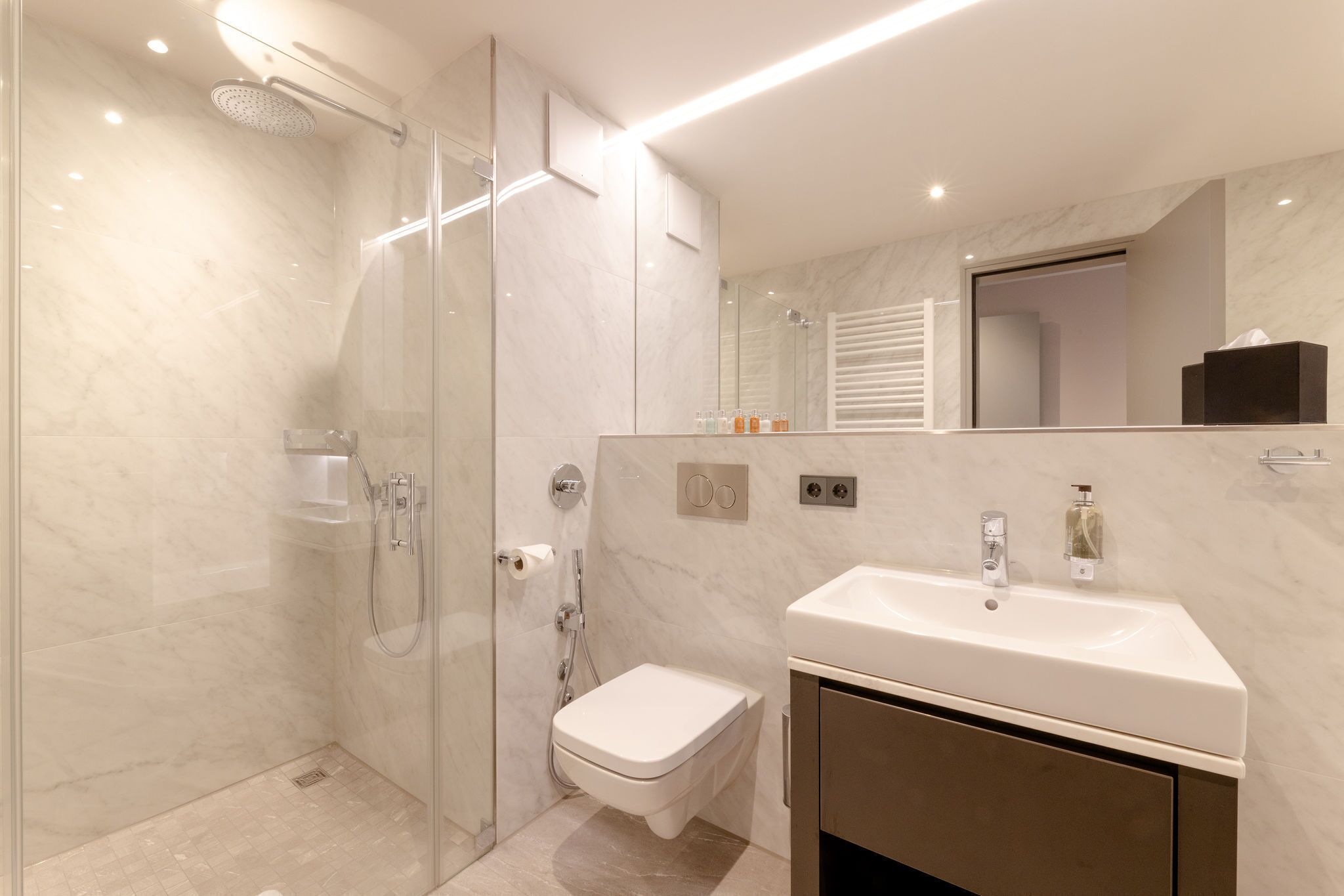 A modern bathroom with a glass-enclosed shower, a toilet, and a sink with a mirror above it.