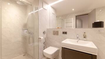A modern bathroom with a glass-enclosed shower, a toilet, and a sink with a mirror above it.
