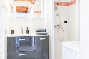 Shower, hair dryer, towels