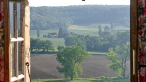 Een raam met uitzicht op een landelijk landschap, met velden en bomen.