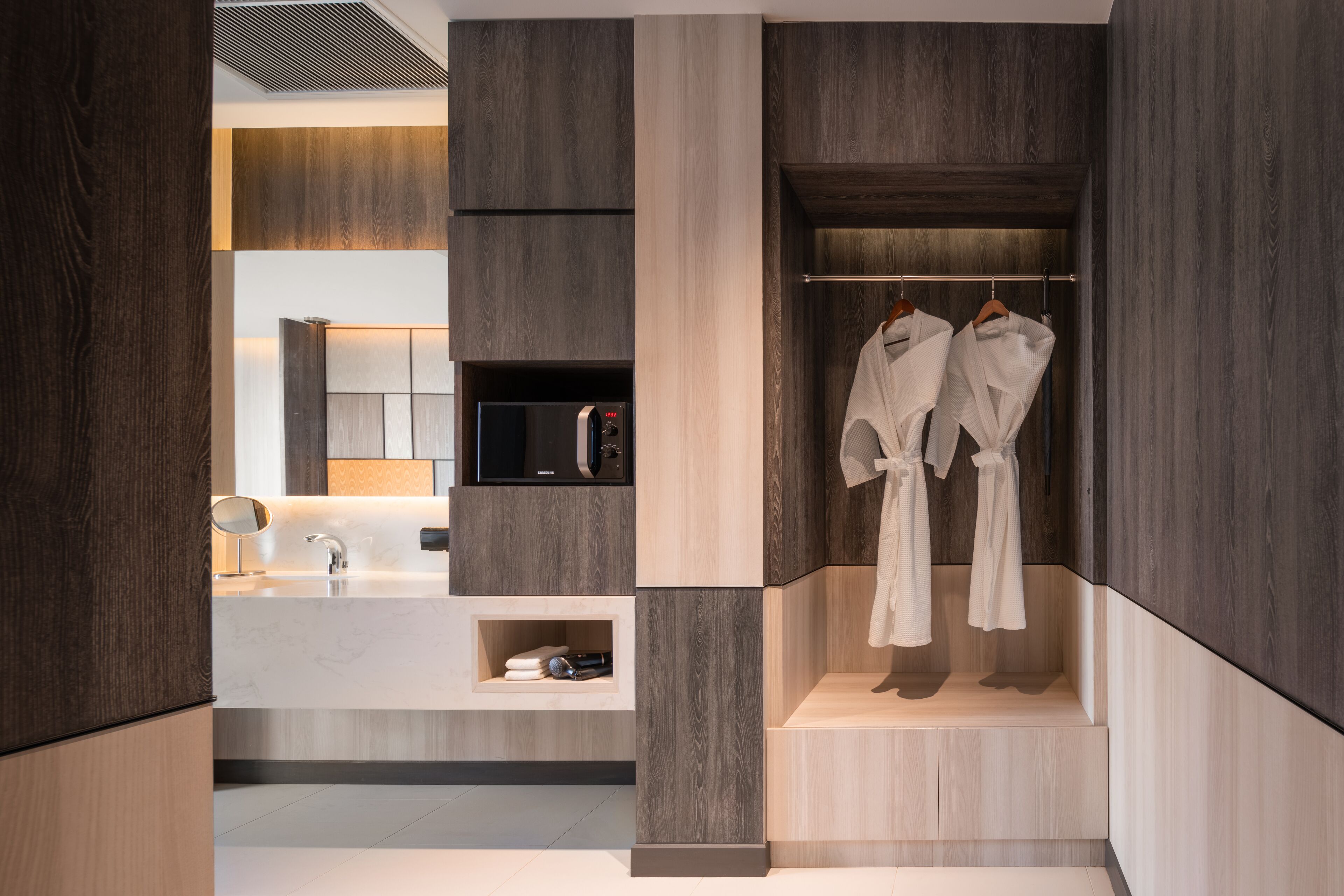 shower, rainfall showerhead, hair dryer, bathrobes