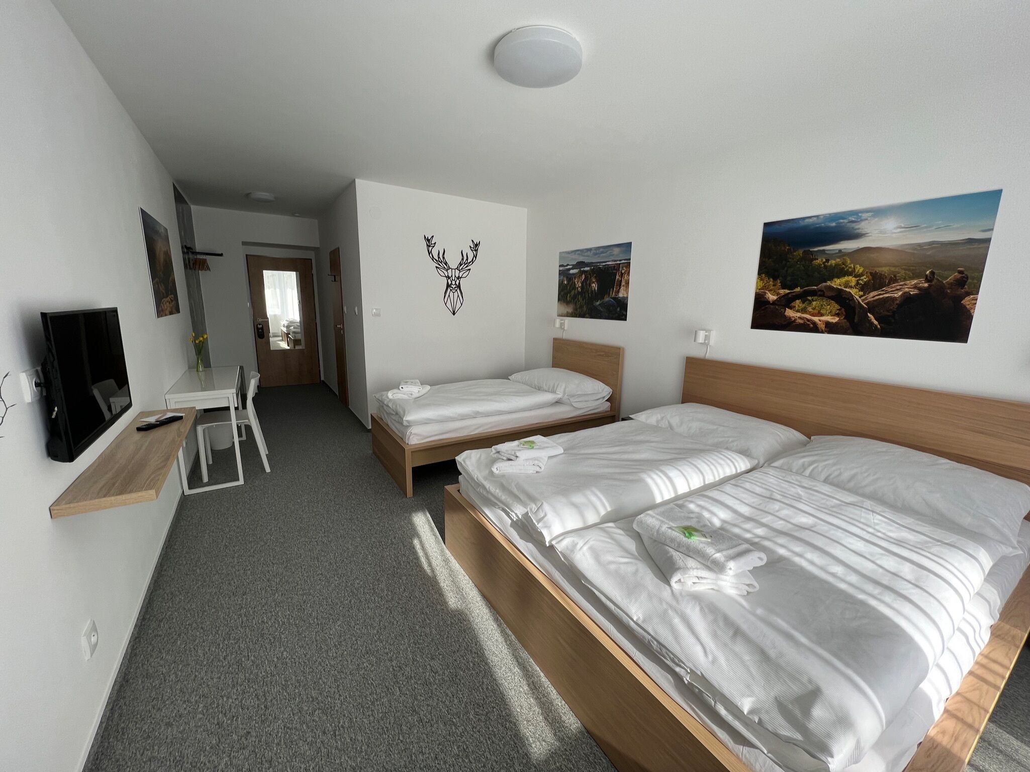 A hotel room with two beds, a TV, a desk, and a chair.