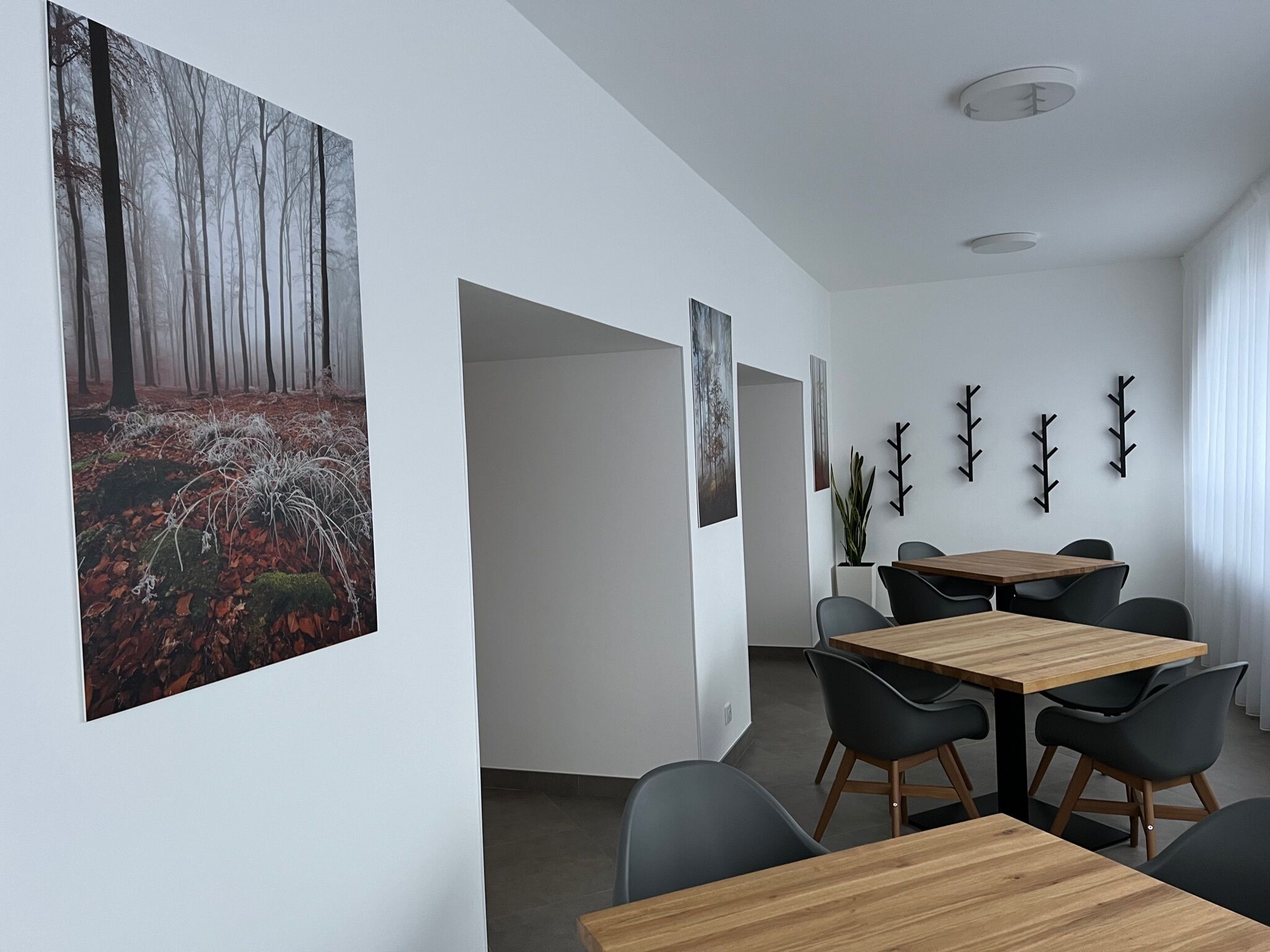 A modern dining area with wooden tables and black chairs, white walls, and framed artwork.