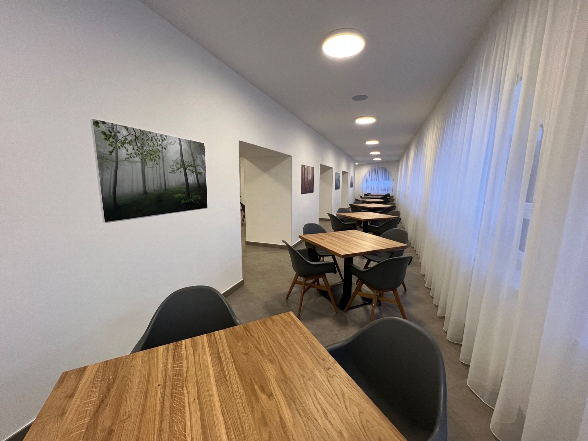 A hotel corridor with wooden tables and chairs, a forest-themed painting on the wall, and a view through sheer curtains.