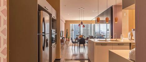 Fridge, microwave, oven, stovetop
