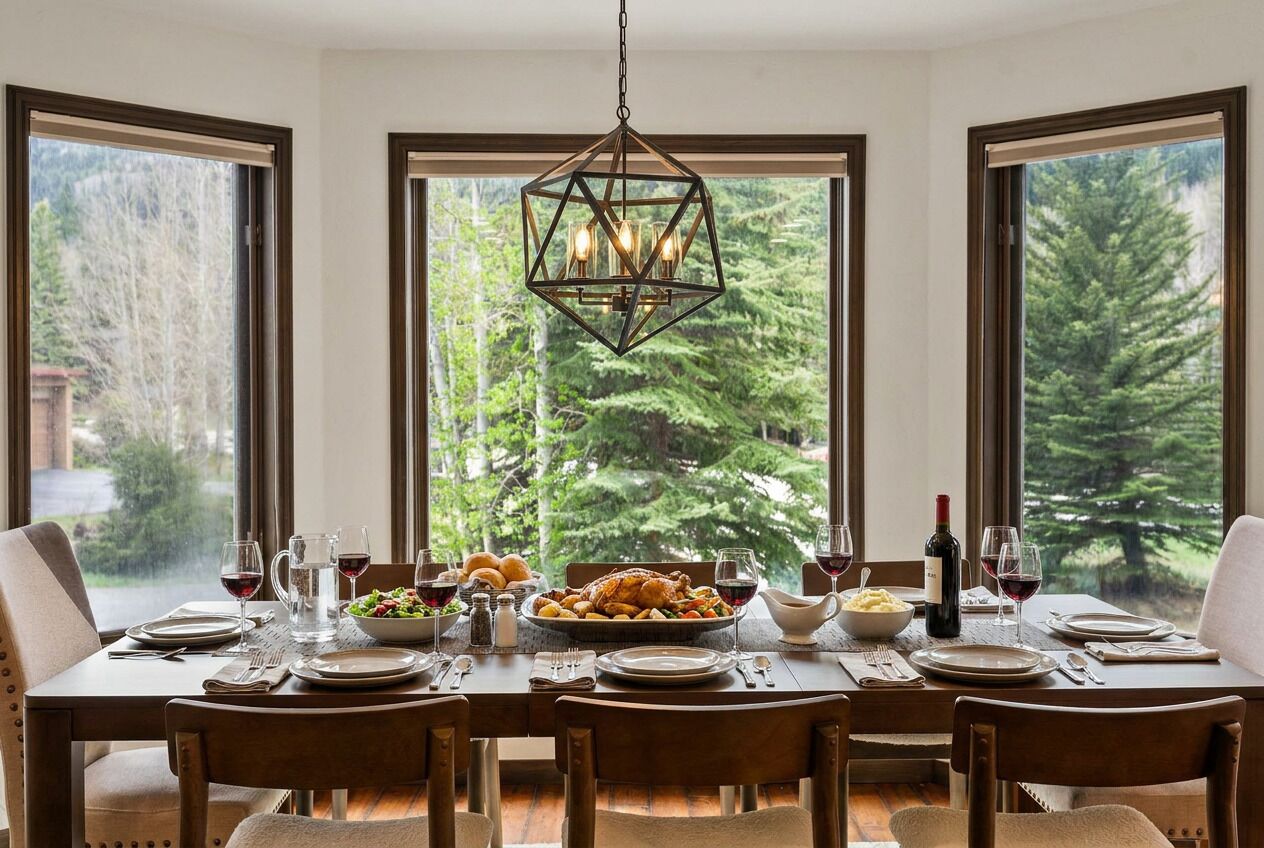 A dining table set for a meal with a chandelier, large windows, and a view of trees.